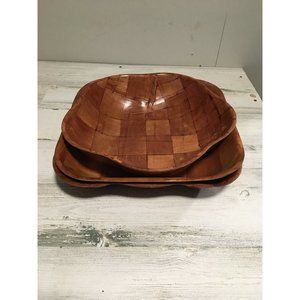 Square and octagonal wooden bowls with checked pattern set of three